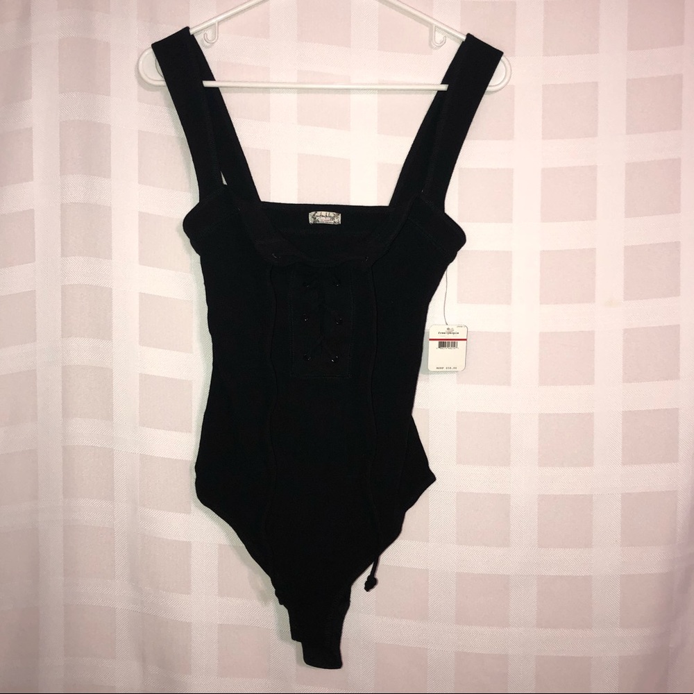 FREE PEOPLE Black Lace Up Front Body Suit - NEW! - Picture 2 of 5